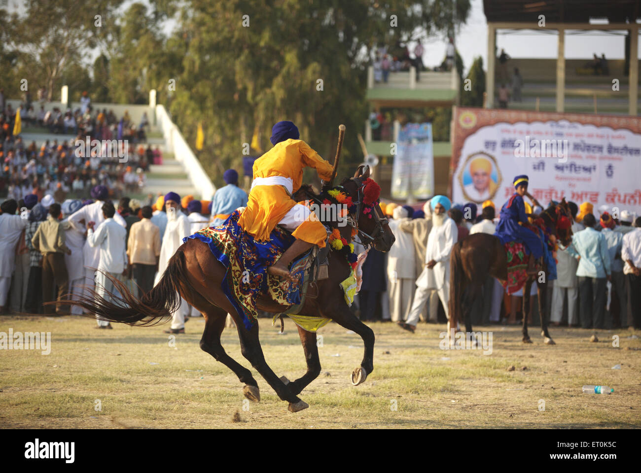 Nihangs Sikh Krieger Pferd zeigt Stunts Weihe des ewigen Sikh Guru Granth Sahib in Khalsa Sportplatz; Nanded Stockfoto