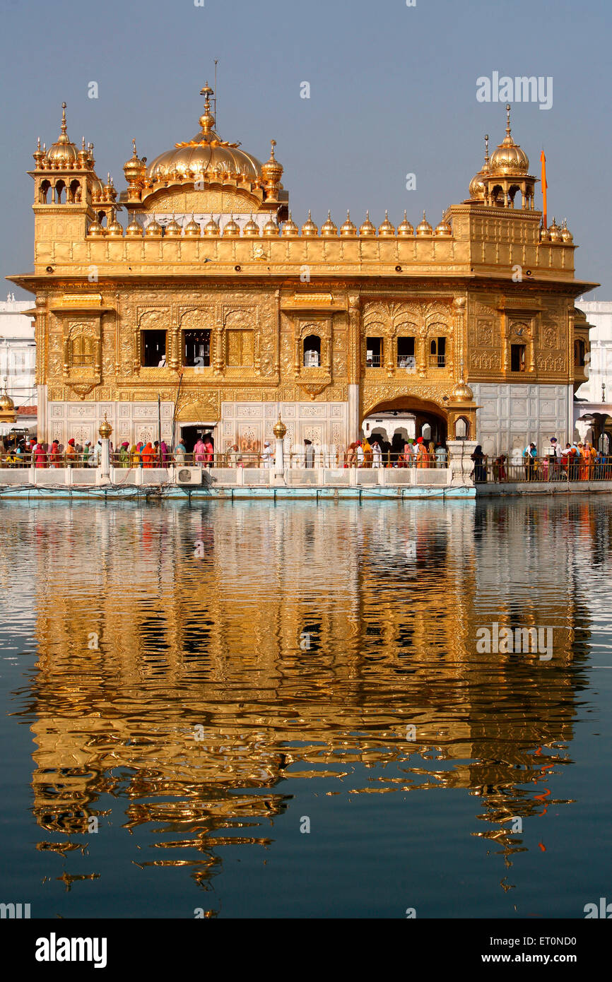 Ansicht des Harmandir Sahib oder Darbar Sahib oder Golden Tempel Spiegelbild im See; Amritsar; Punjab; Indien Stockfoto