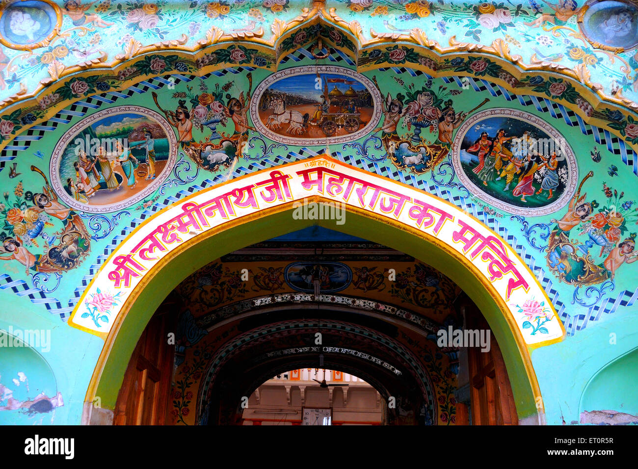 Gemälde im Shree Laxminath Ji Maharaj Tempel; Fatehpur Shekhawati; Rajasthan; Indien Stockfoto