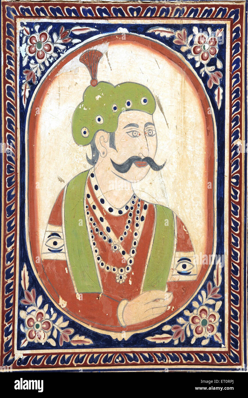 Gemälde der königlichen Person an Wand Haveli; Fatehpur Shekhawati; Rajasthan; Indien Stockfoto
