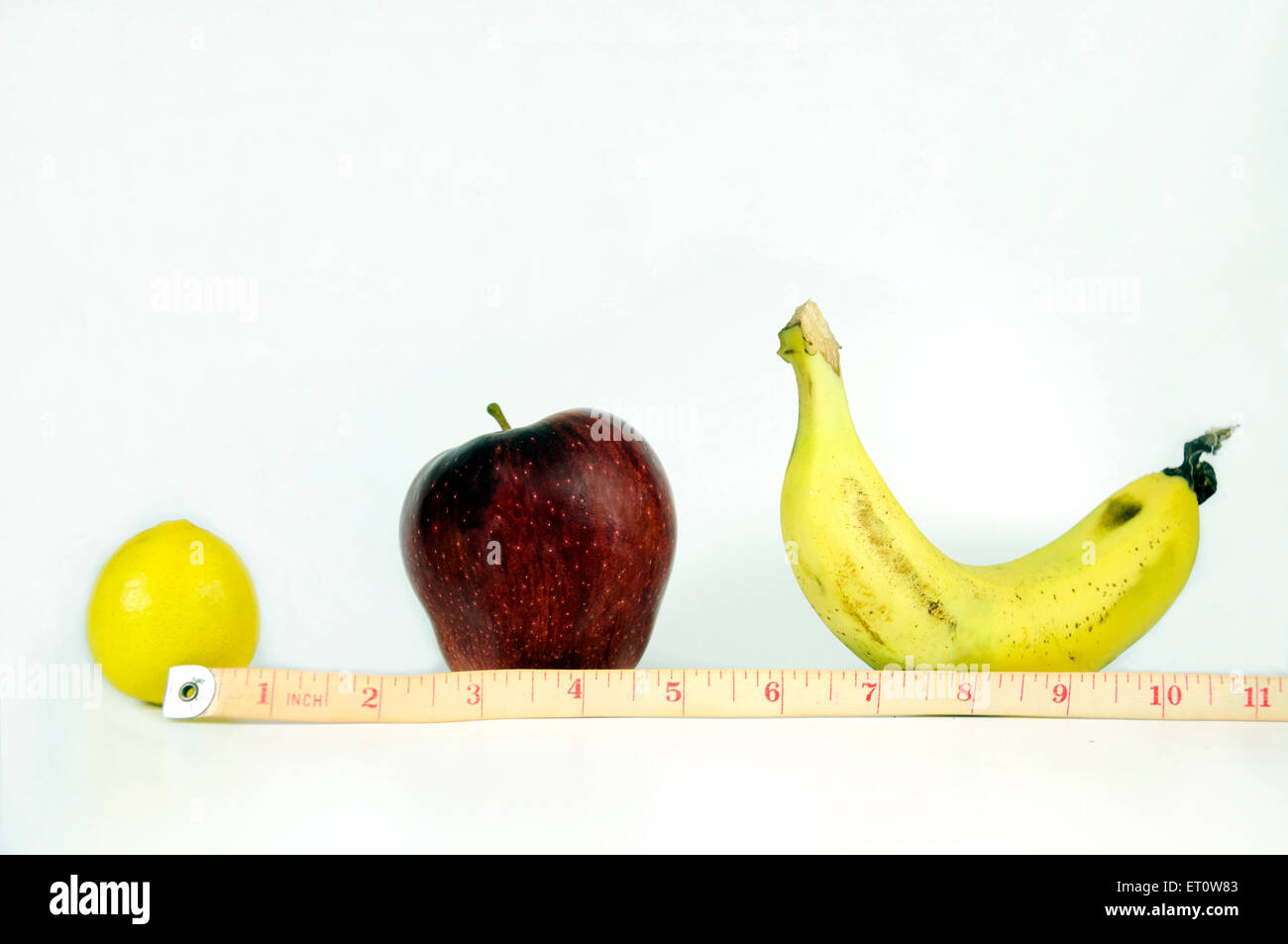 Maßband zeigt Zoll Zitrone Apfel Banane auf weißem Hintergrund Indien Asien Stockfoto