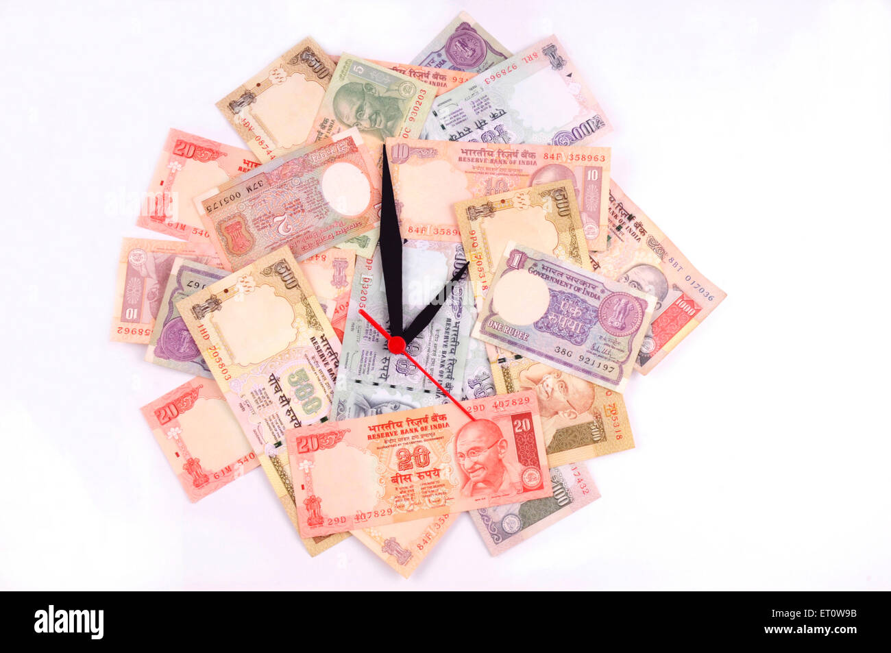 Wanduhr mit Zifferblatt der indischen Rupie Papiergeld-Währung Stockfoto