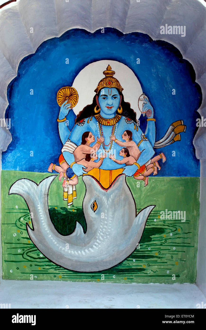 Matsyavtar oder Fisch erste Inkarnation Lord Vishnu auf Vishnu Narayan Tempel Pune Wand gemalt Stockfoto