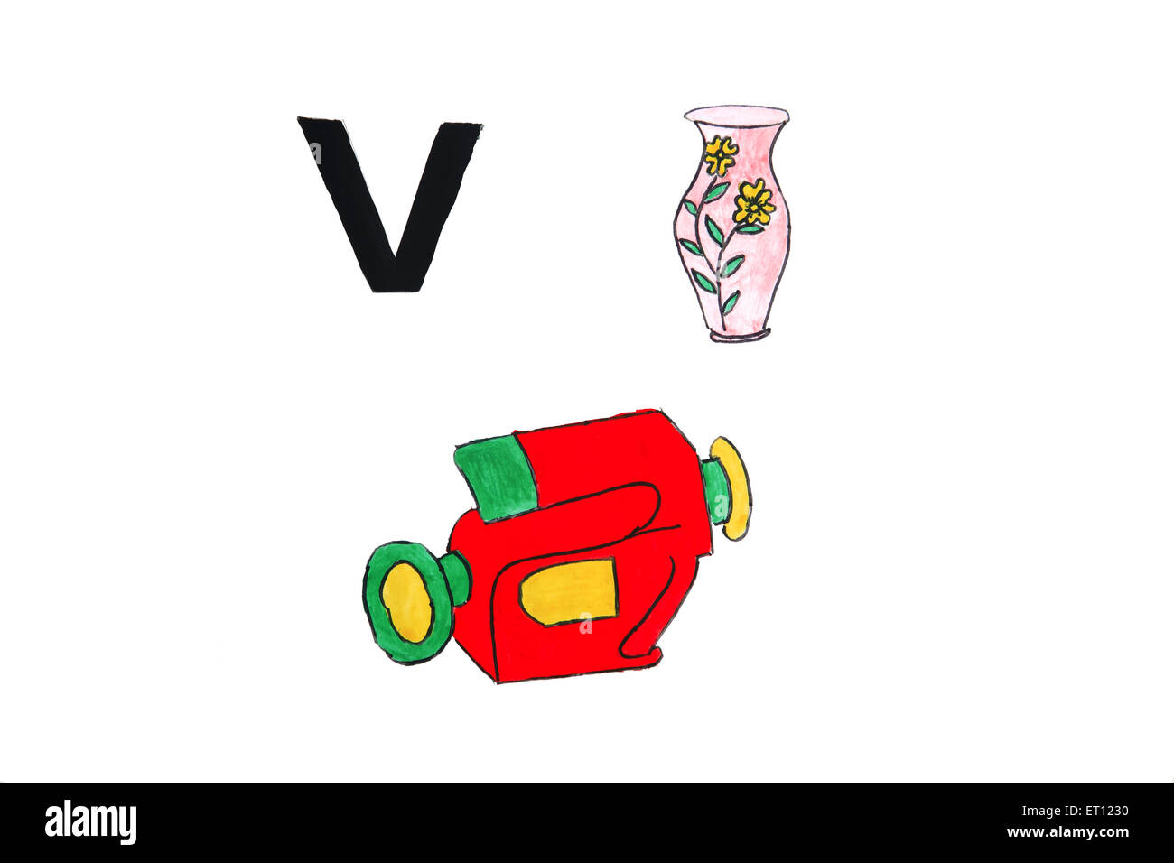 v für Schiff, V für Vase, V für Videokamera Stockfoto