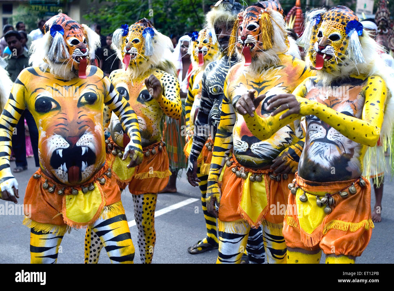 Pulikali oder Tiger spielen Künstler gemalt Einrichtungen wie Tiger während Onam Feier; Trivandrum; Kerala; Indien Stockfoto