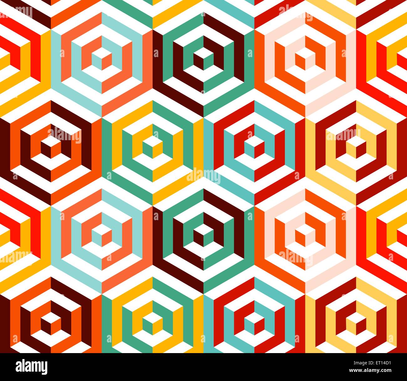 Abstrakte isometrische 3d Retro-bunte sechseckige Formen nahtlose Muster Hintergrund. Ideal für Stoff-Design, Verpackung Papier drucken Stock Vektor