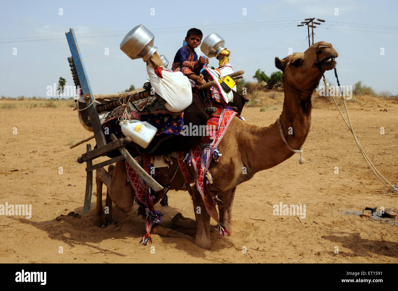 Kamel mit Haushalt Sache und Zigeunerjunge; Kutch; Gujarat; Indien Stockfoto