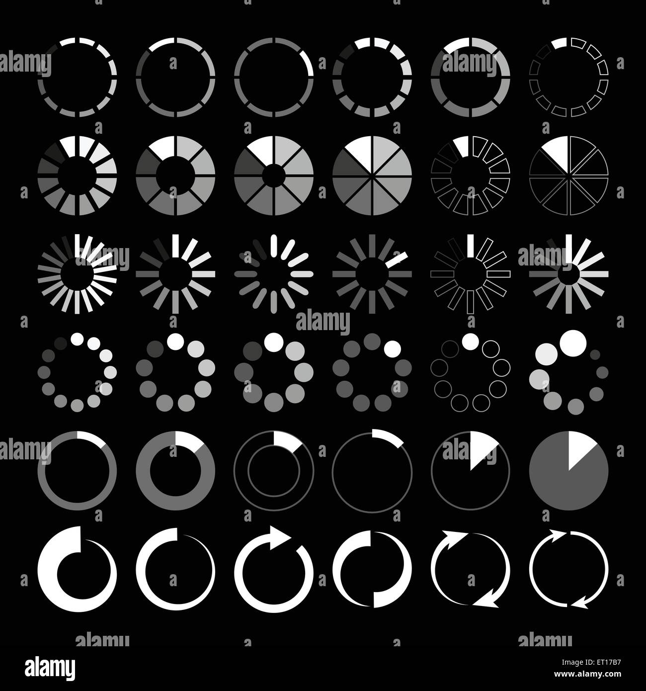 36 weiße und graue laden Symbole auf schwarzem Hintergrund. RGB-EPS 10 Vektorelemente festlegen Stock Vektor