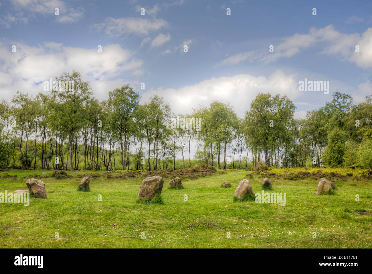 Neun Damen Stone Circle, Stanton Moor, Derbyshire, England Stockfoto