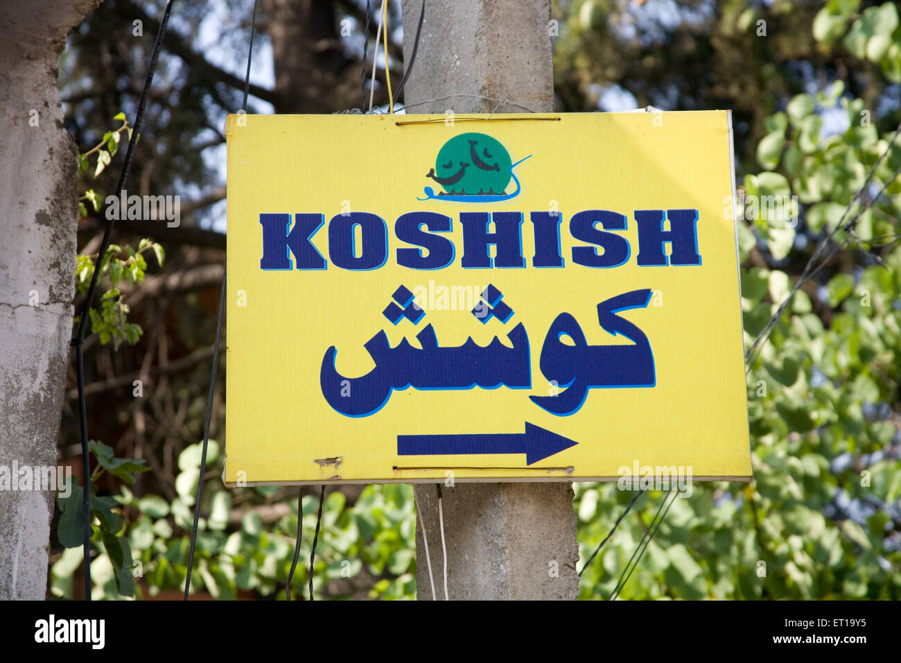 Koshish in römischen und Urdu Skript Schild geschrieben; Srinagar; Jammu und Kaschmir; Indien Stockfoto