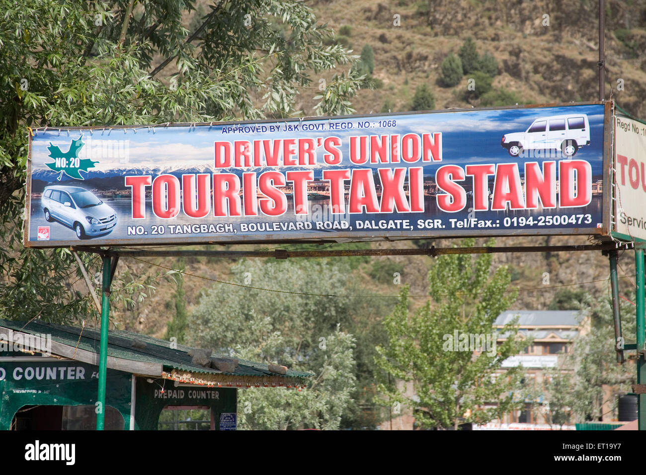 Fahrer Union Tourist Taxi Stand Schild; Srinagar; Jammu und Kashmir; Indien Stockfoto