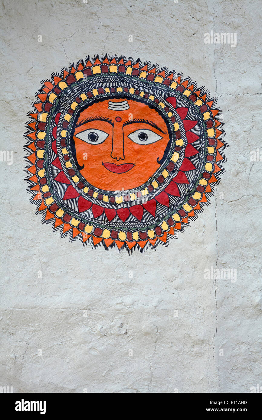 Sonnengott Gemälde an der Wand Madhubani Bihar Indien Asien Stockfoto