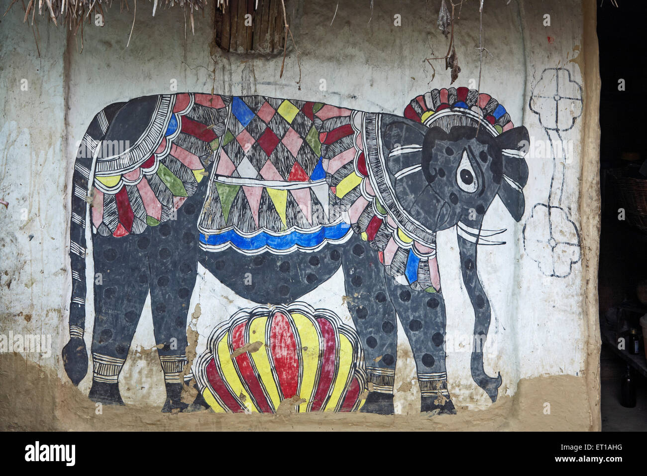 Elefantenwandmalerei, Madhubani-Malerei, Mithila-Malerei, Madhubani, Darbhanga, Bihar, Indien, Asien Stockfoto