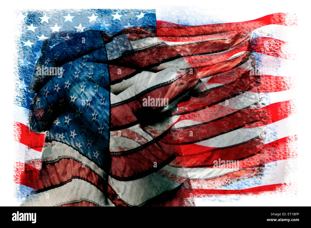 Mehrfachbelichtungen verschiedene Bilder von der Flagge der Vereinigten Staaten in verschiedenen Mustern Stockfoto