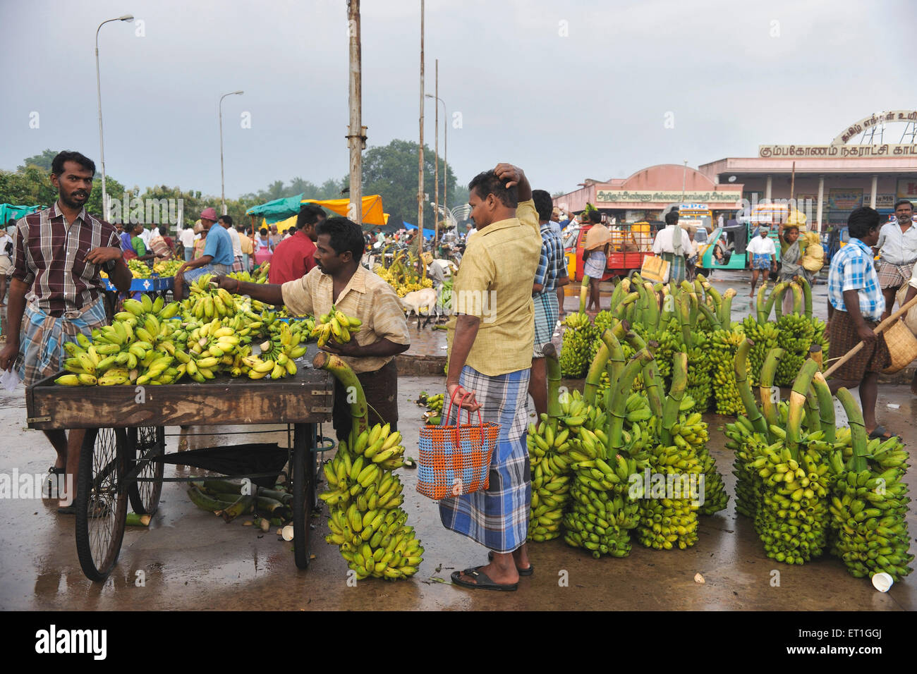 Anbieter mit Bananen auf Schubkarre im Markt; Thanjavur; Tamil Nadu; Indien Stockfoto