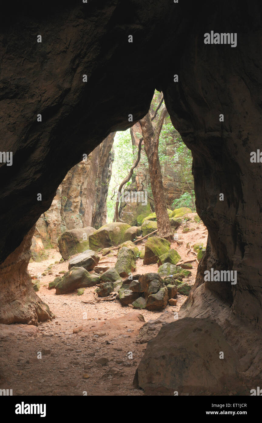 Höhleneingang mit Felsen; Reechgarh; Pachmarhi; Madhya Pradesh; Indien Stockfoto