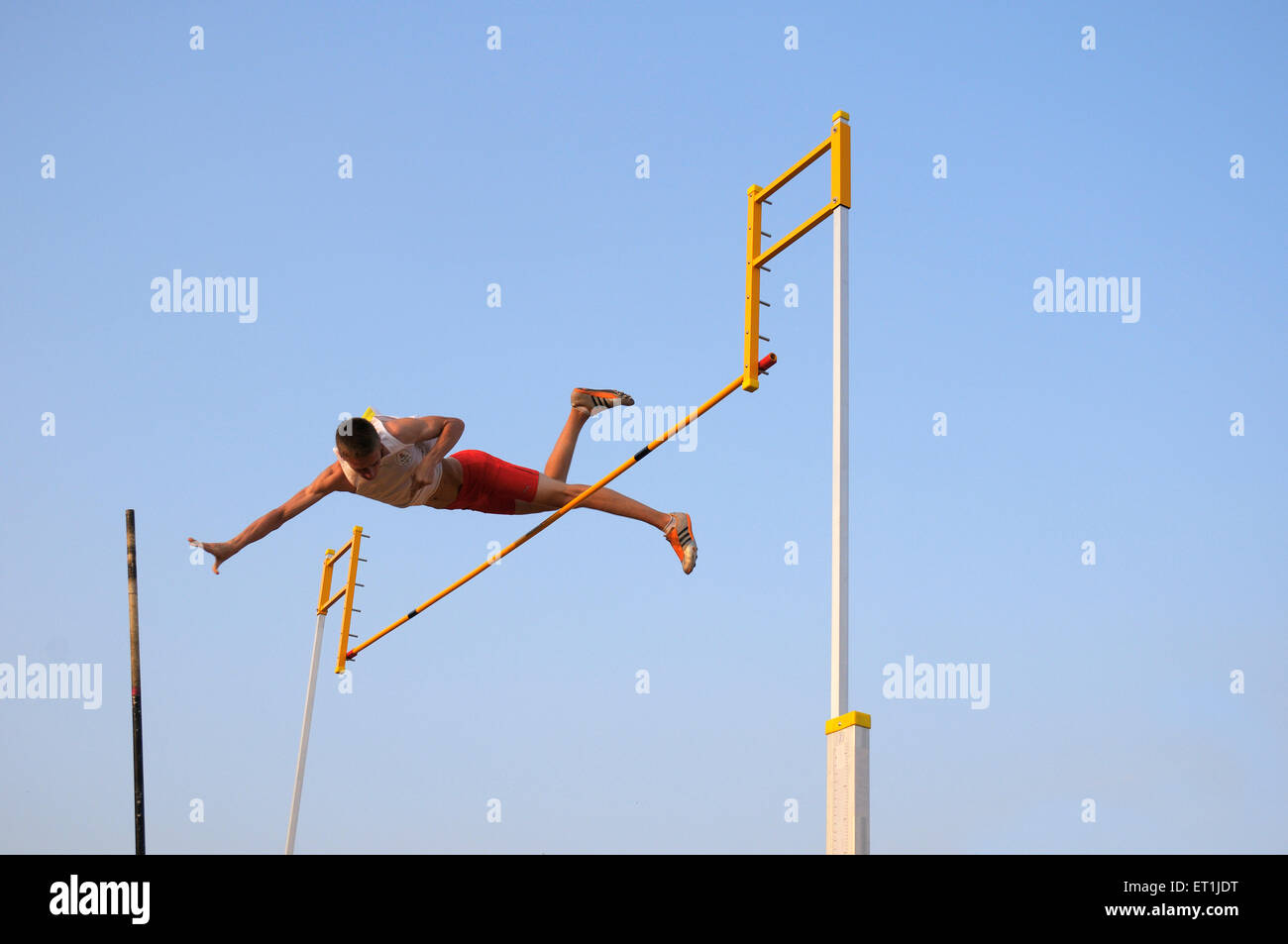 Pole Vaulting, Pole Jumping, Pole Jumping, Leichtathletik, Sportwettkampf, Athletic Game, Pune, Maharashtra, Indien Stockfoto