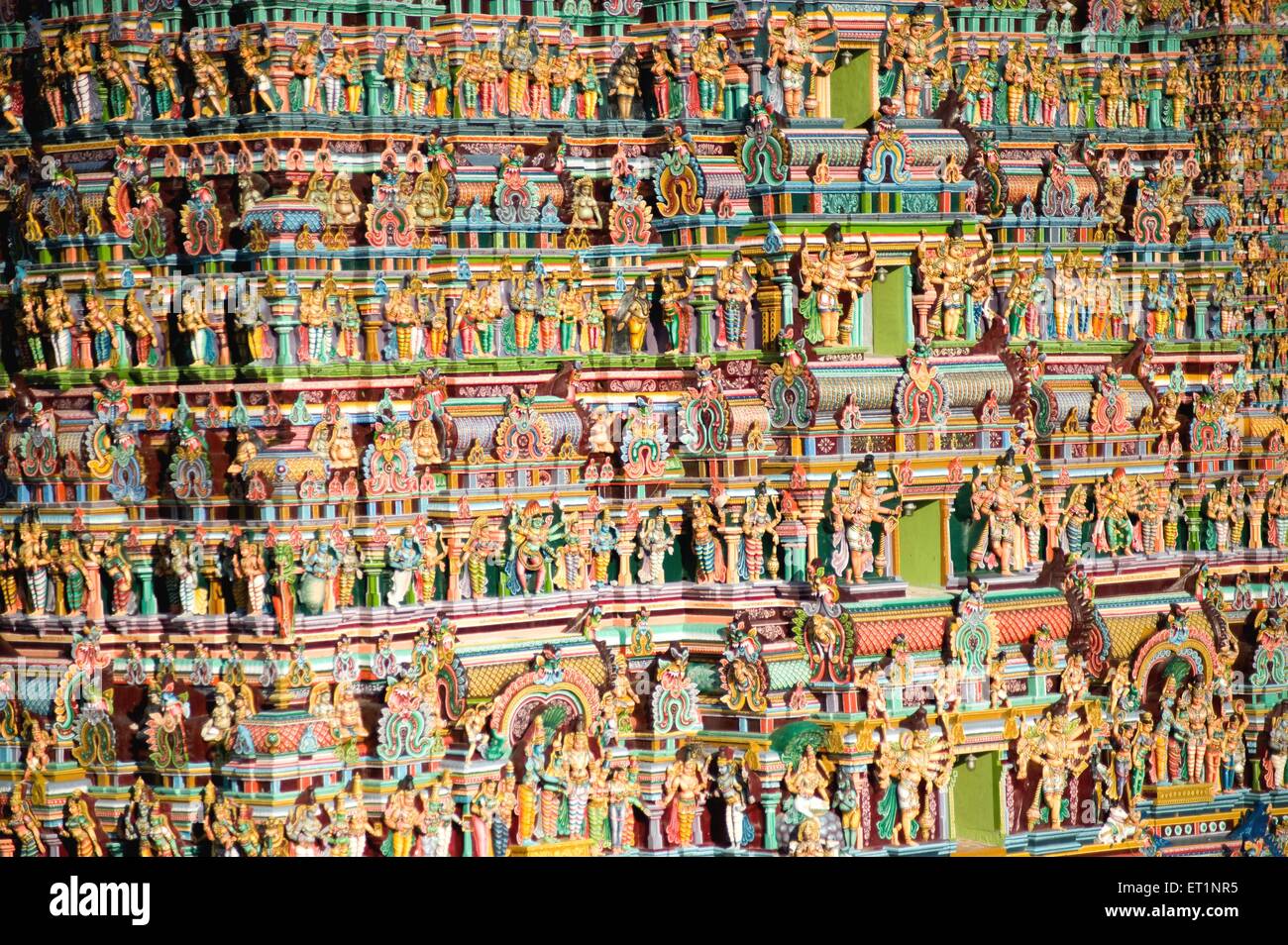 Details Gopurams of Meenakshi Sundareswarar or Meenakshi Amman Temple; Madurai; Tamil Nadu; Indien Stockfoto