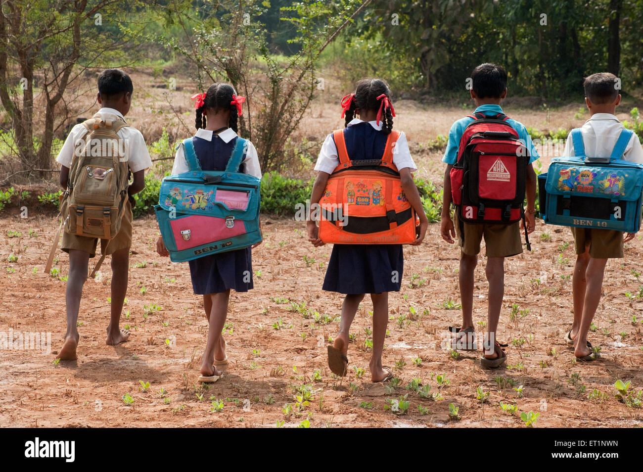 Schüler mit schweren Taschen, die in einem Dorf zur Schule gehen, Maharashtra, Indien, Asien, Indien, Asiatisch Stockfoto