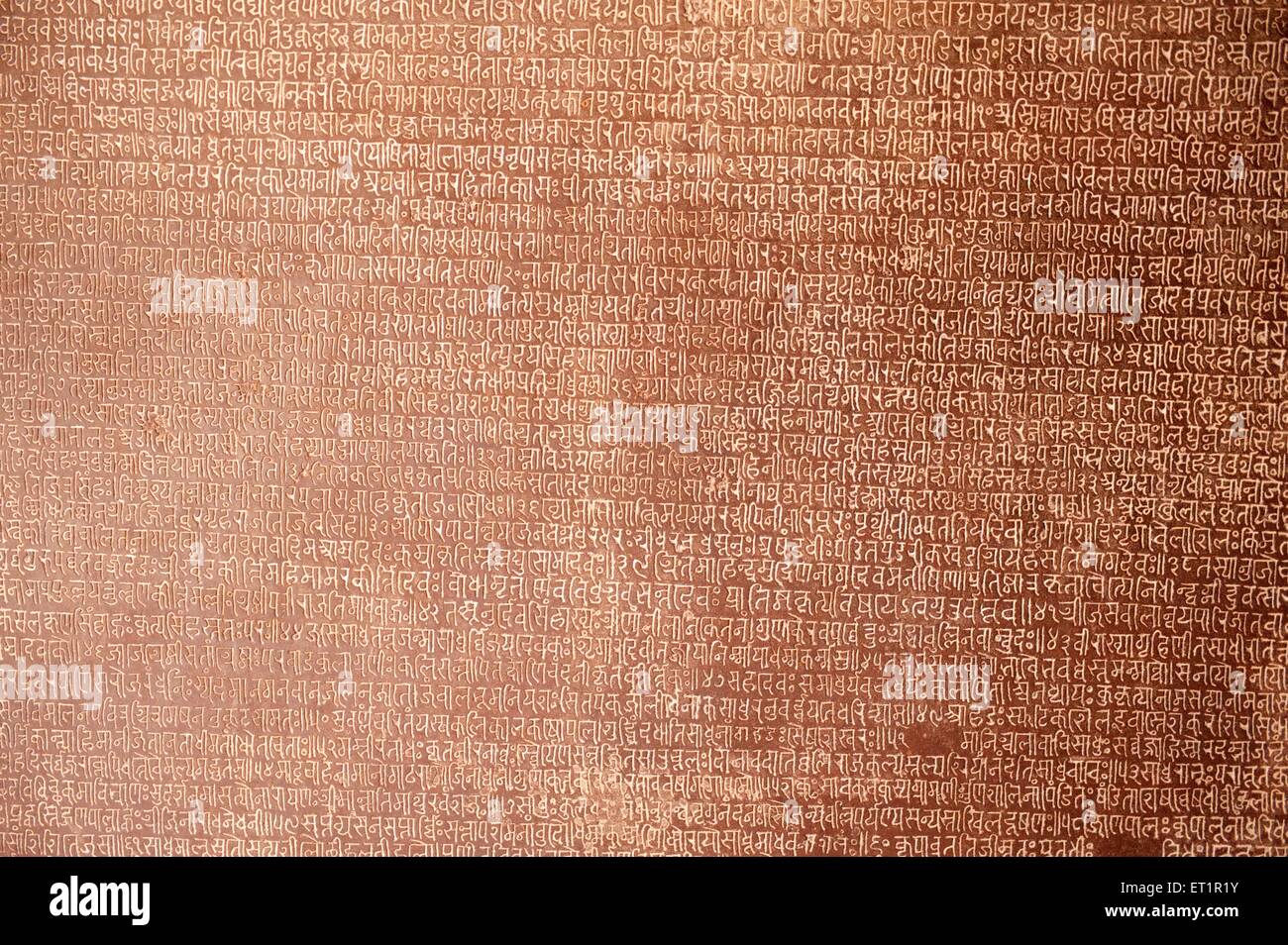 Inschrift in Devnagri auf Stein am Gujri Mahal Museum; Gwalior; Madhya Pradesh; Indien Stockfoto