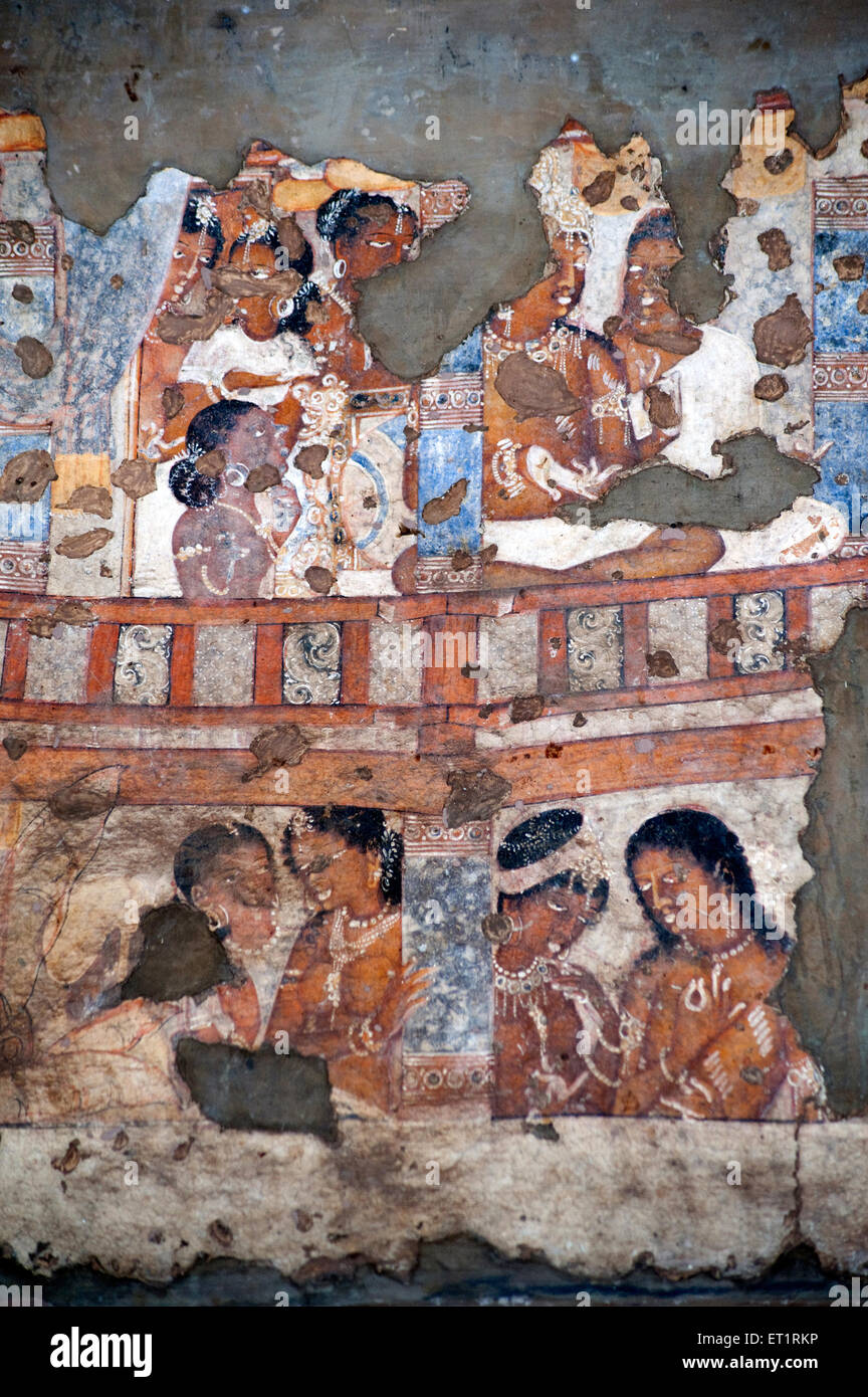 Wandmalereien an der Wand von Ajanta Höhlen; Aurangabad; Maharashtra; Indien Stockfoto