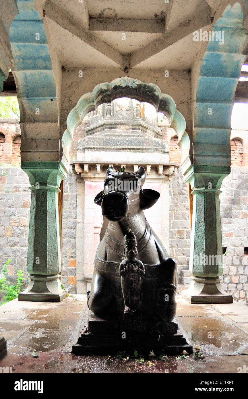 Nandi-Stier-Statue in Kashi Vishwanath Tempel Rashin Karjat Ahmednagar Maharashtra Indien Asien Stockfoto