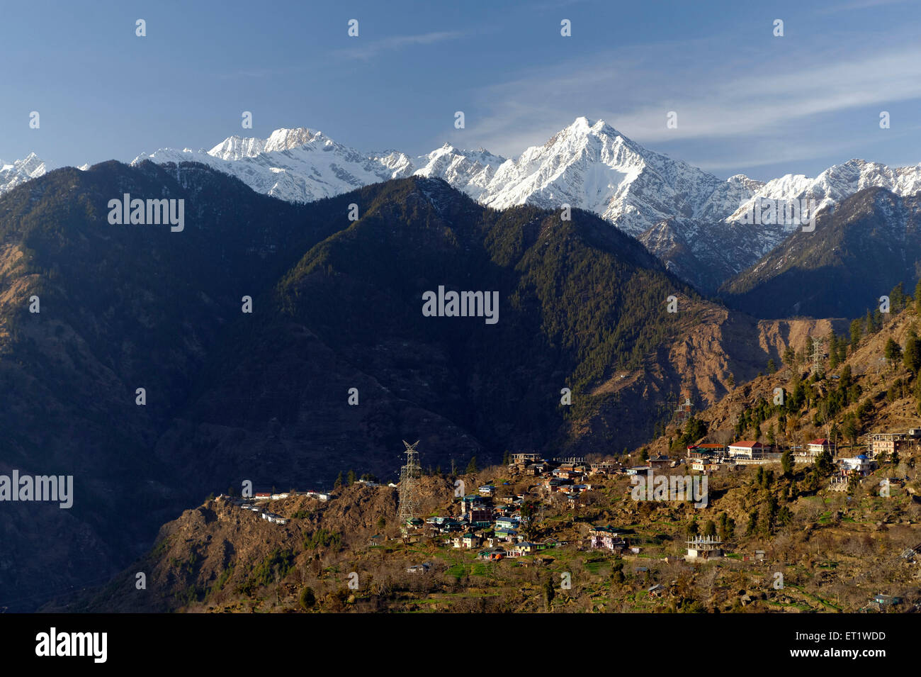 Dorf und Snow Capped Mountain Himachal Pradesh Indien Asien Stockfoto