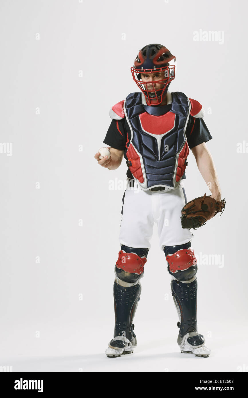 Baseball-Catcher vor weißem Hintergrund Stockfoto