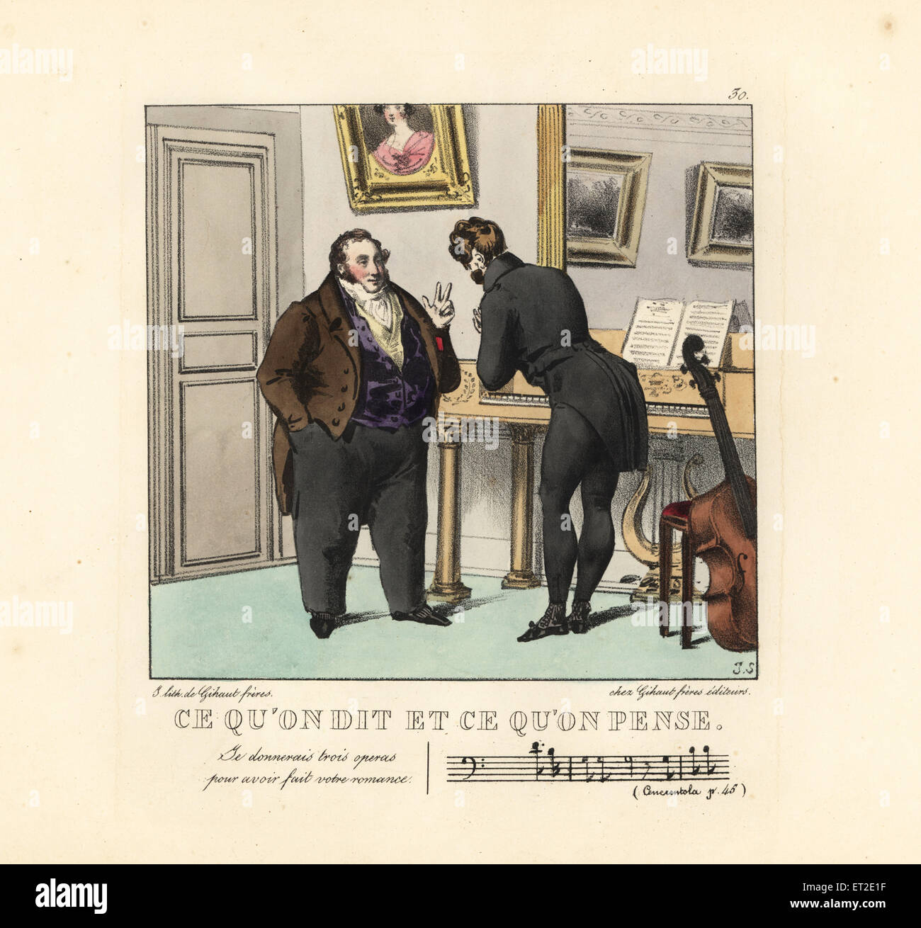 Zwei Herren Komponisten in ein Musikzimmer vor ein Klavier, 19. Jahrhundert. Der behäbige Mann sagt, ich gebe drei Opern, Ihre Romanze geschaffen zu haben. Stockfoto