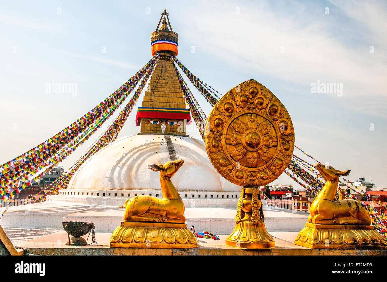 Gebetsfahnen in Boudhanath Stupa in Kathmandu, Nepal Stockfoto