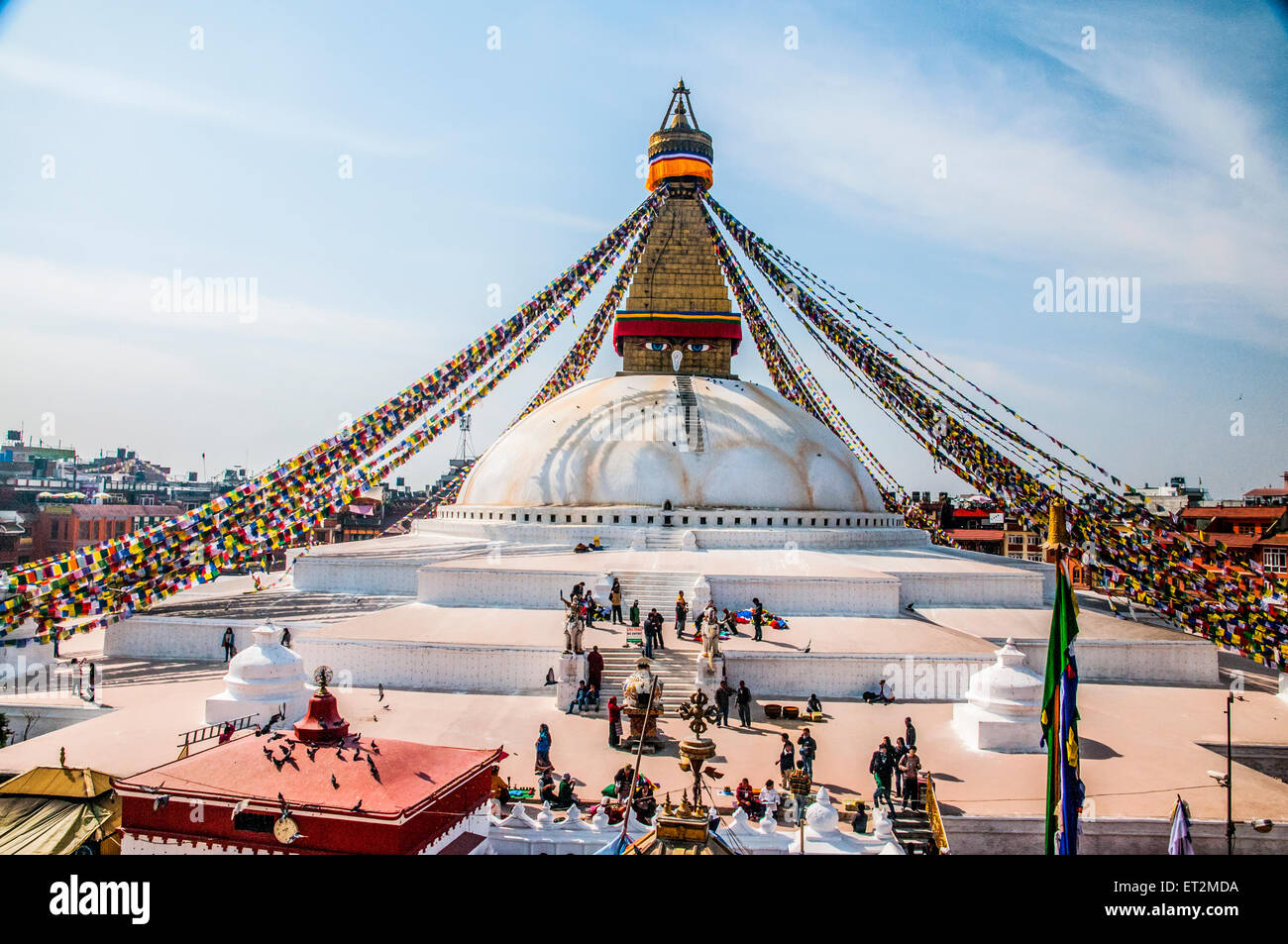 Gebetsfahnen in Boudhanath Stupa in Kathmandu, Nepal Stockfoto