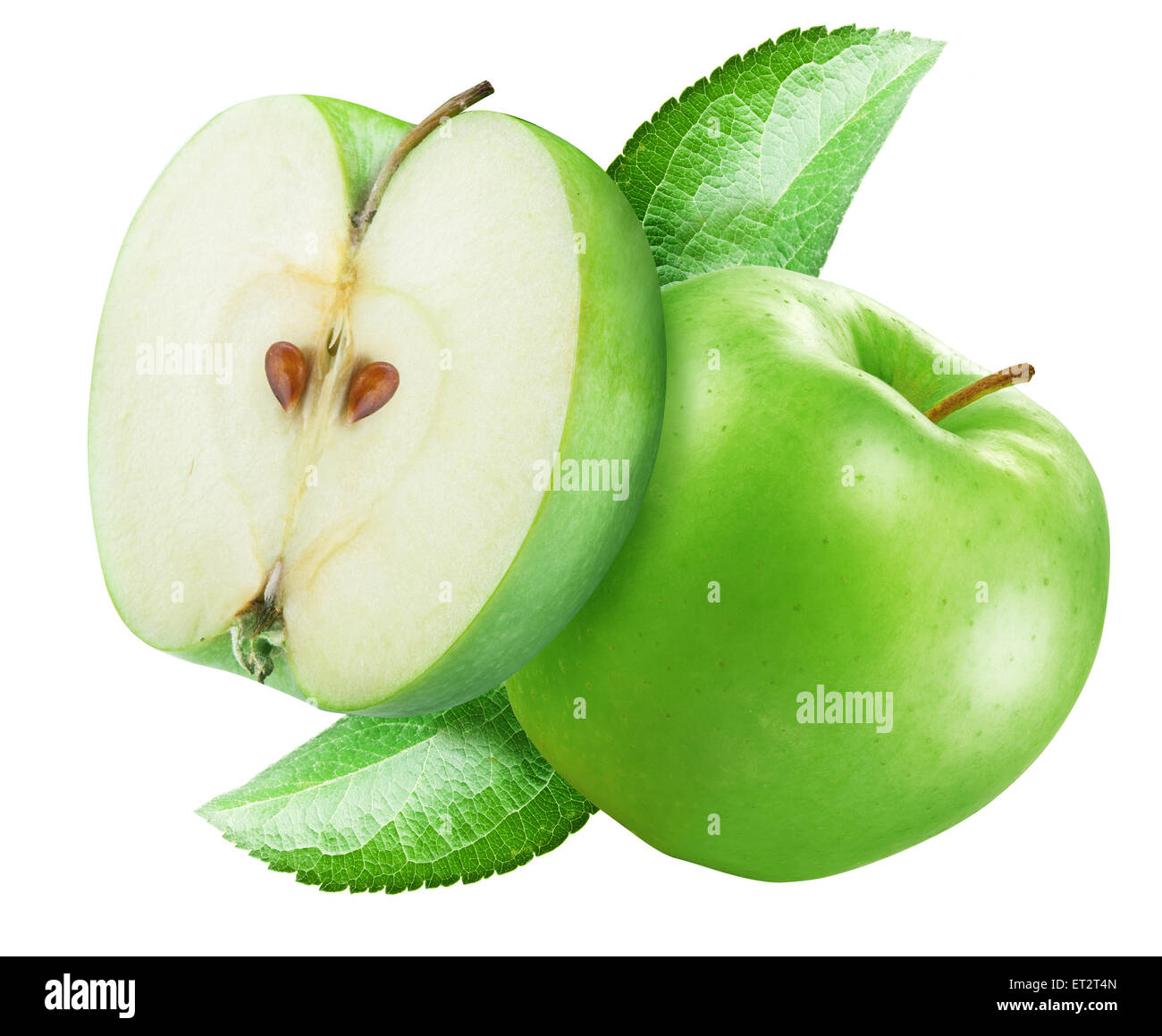 Grüner Apfel und eine Hälfte von Apple. Datei enthält Beschneidungspfade. Stockfoto