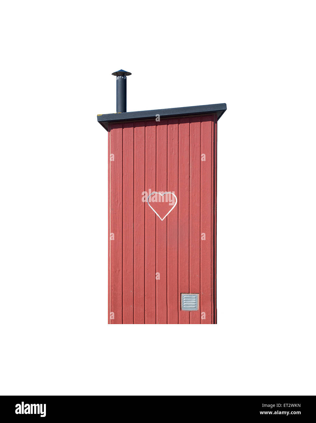 Kleinen eingeweiht WC Haus in rotem Holz mit Herz isoliert auf weiss. Stockfoto