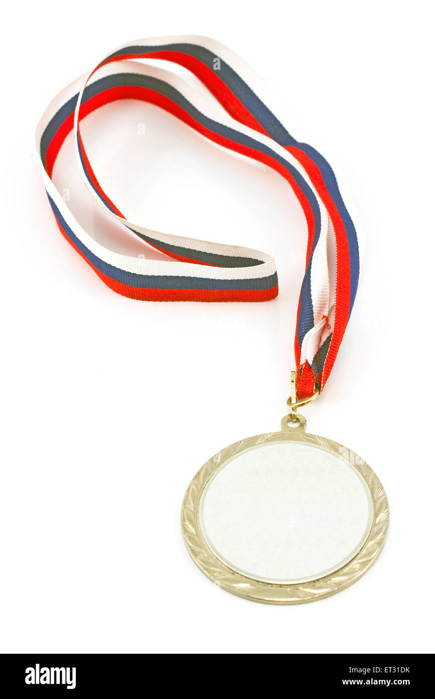 Silbermedaille mit Farbstreifen isoliert auf weiss Stockfoto