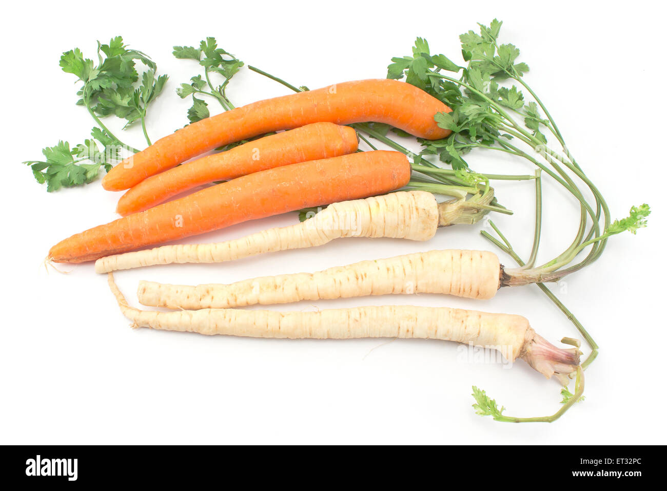 Frischen Karotten und Petersilie mit Root auf weiß Stockfoto