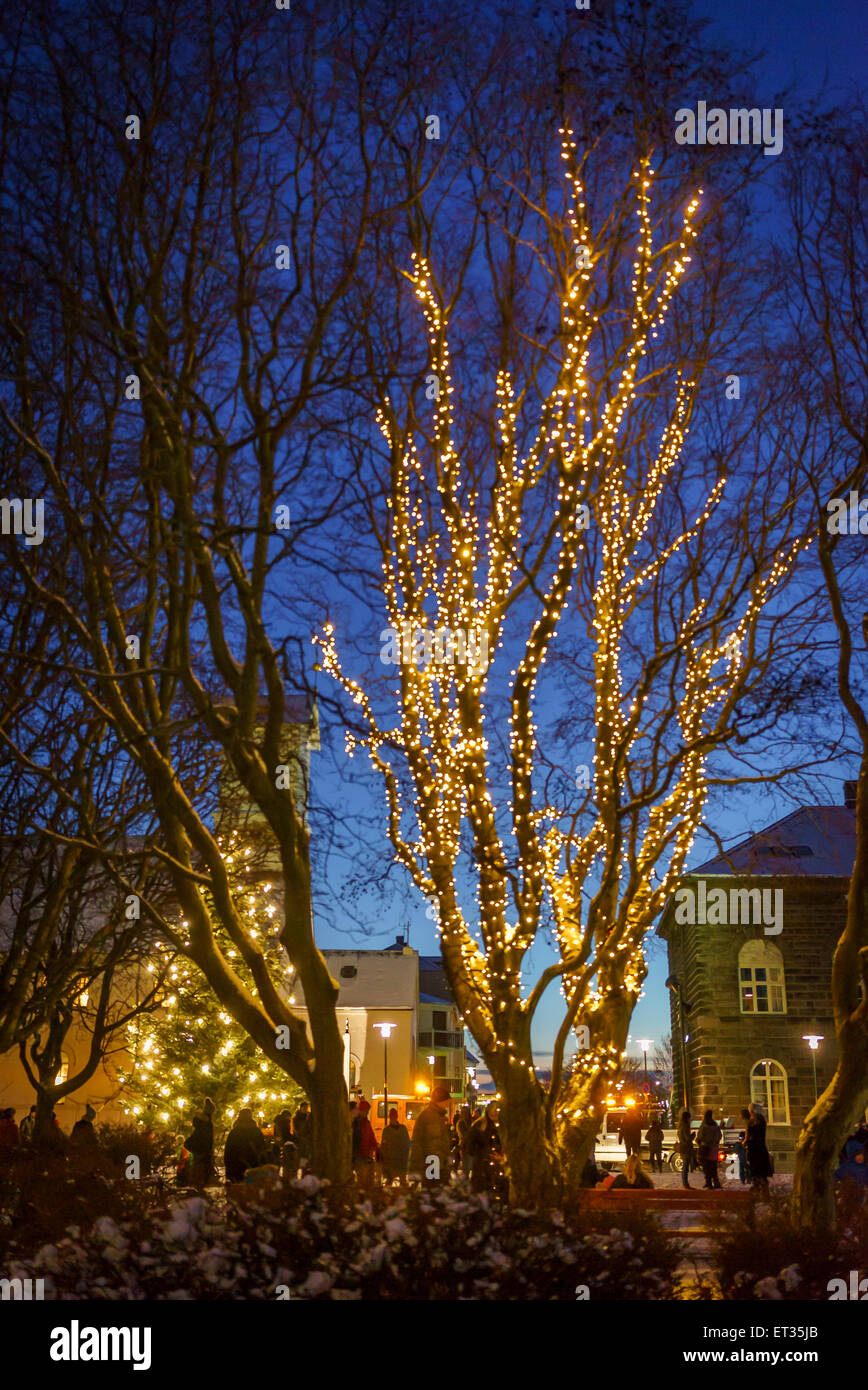 Weihnachtsbeleuchtung, Reykjavik, Island Stockfoto