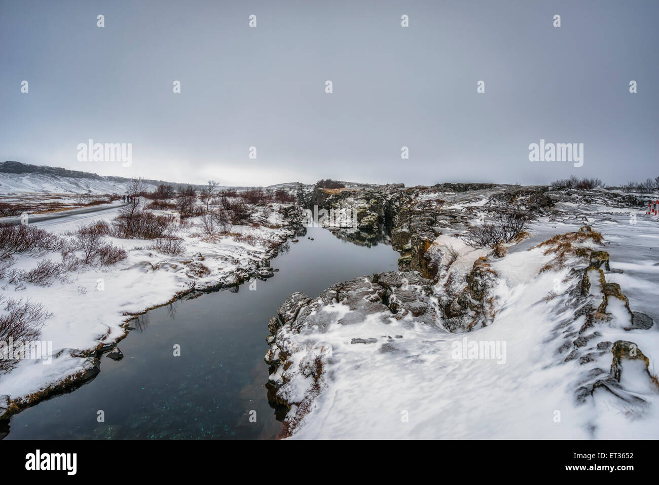Flosagja Riss im Winter, Nationalpark Thingvellir, Island Stockfoto