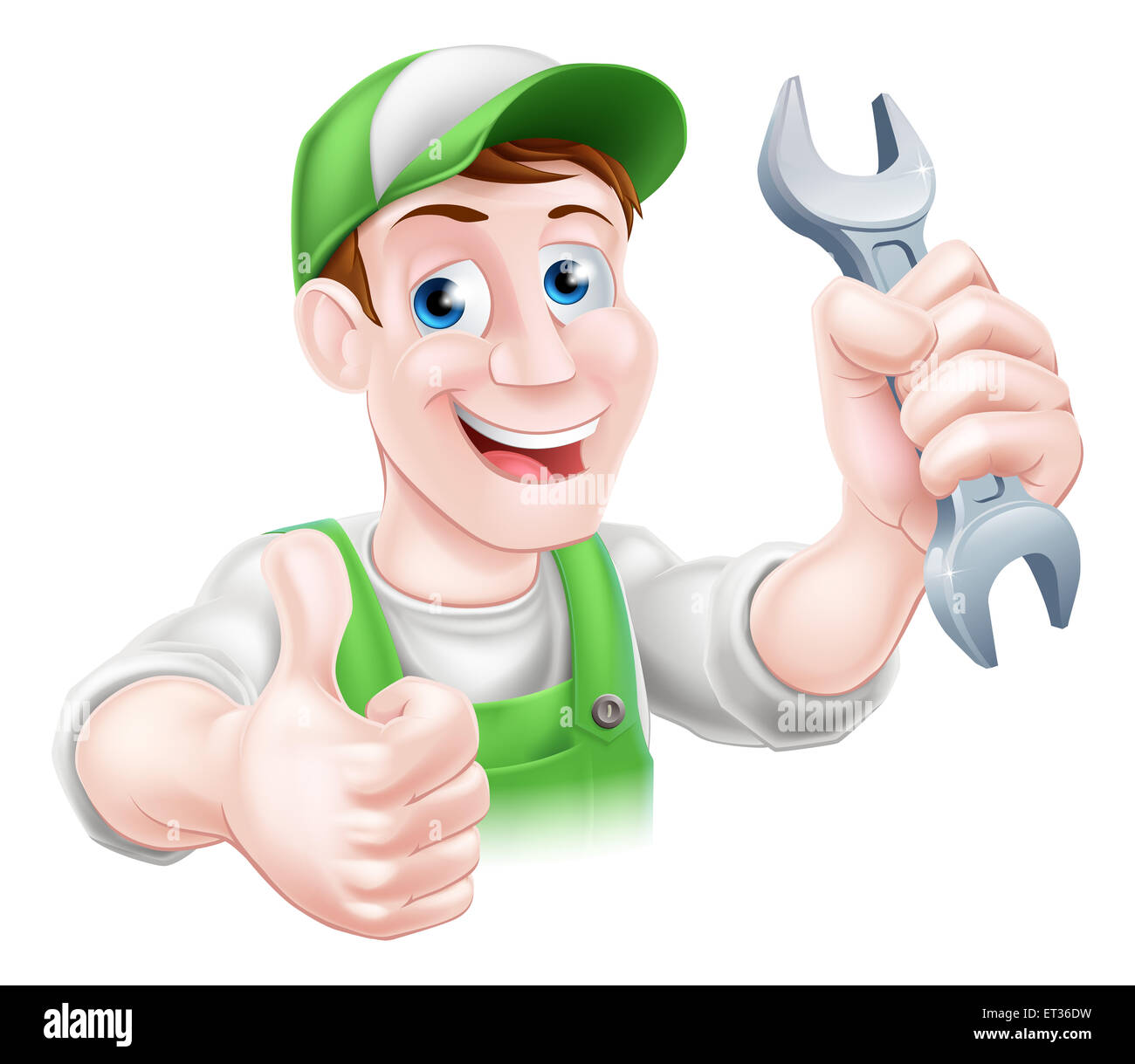 Ein glückliches Cartoon Klempner oder Mechaniker Mann halten ein Schraubenschlüssel oder Schraubenschlüssel und geben einen Daumen nach oben Stockfoto