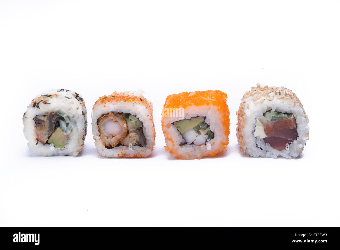 Sortiment-Sushi isoliert auf weißem Hintergrund Stockfoto