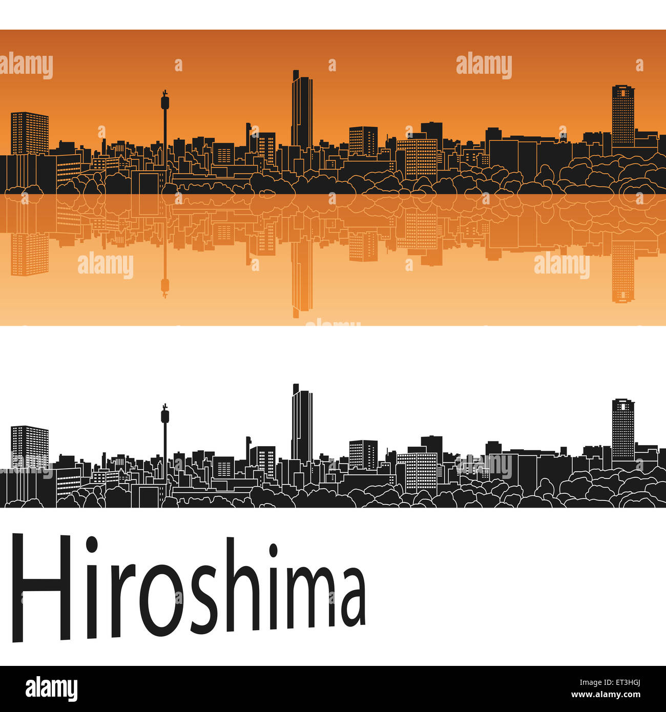Skyline von Hiroshima in orangem Hintergrund in bearbeitbare Vektordatei Stockfoto