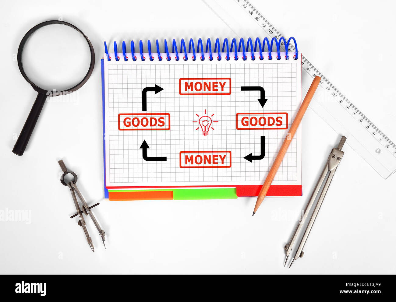 Notizblock mit Zeichnung waren und Geld-Konzept auf der Desktop-Ingenieur Stockfoto