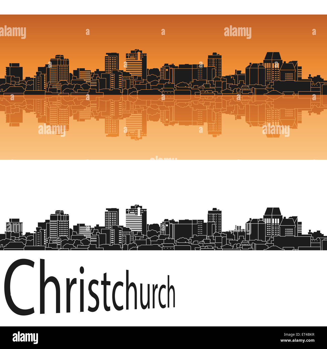 Skyline von Christchurch in orangem Hintergrund in bearbeitbare Vektordatei Stockfoto