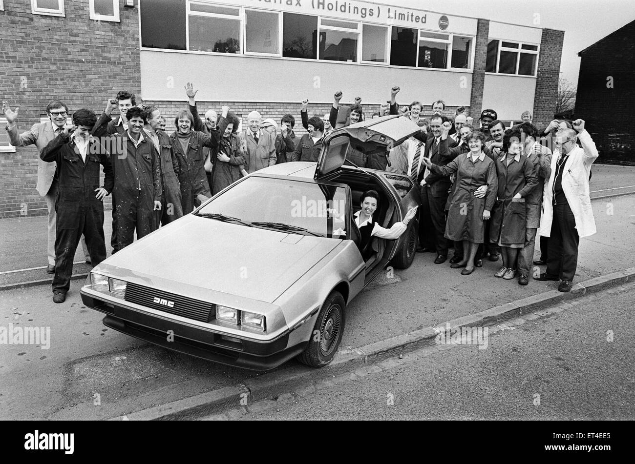 Der DeLorean DMC-12 Sportwagen DeLorean Motor Company hergestellt. Im Bild am Firmensitz von Metalrax Holdings Limited, Birmingham, 9. April 1981. Stockfoto