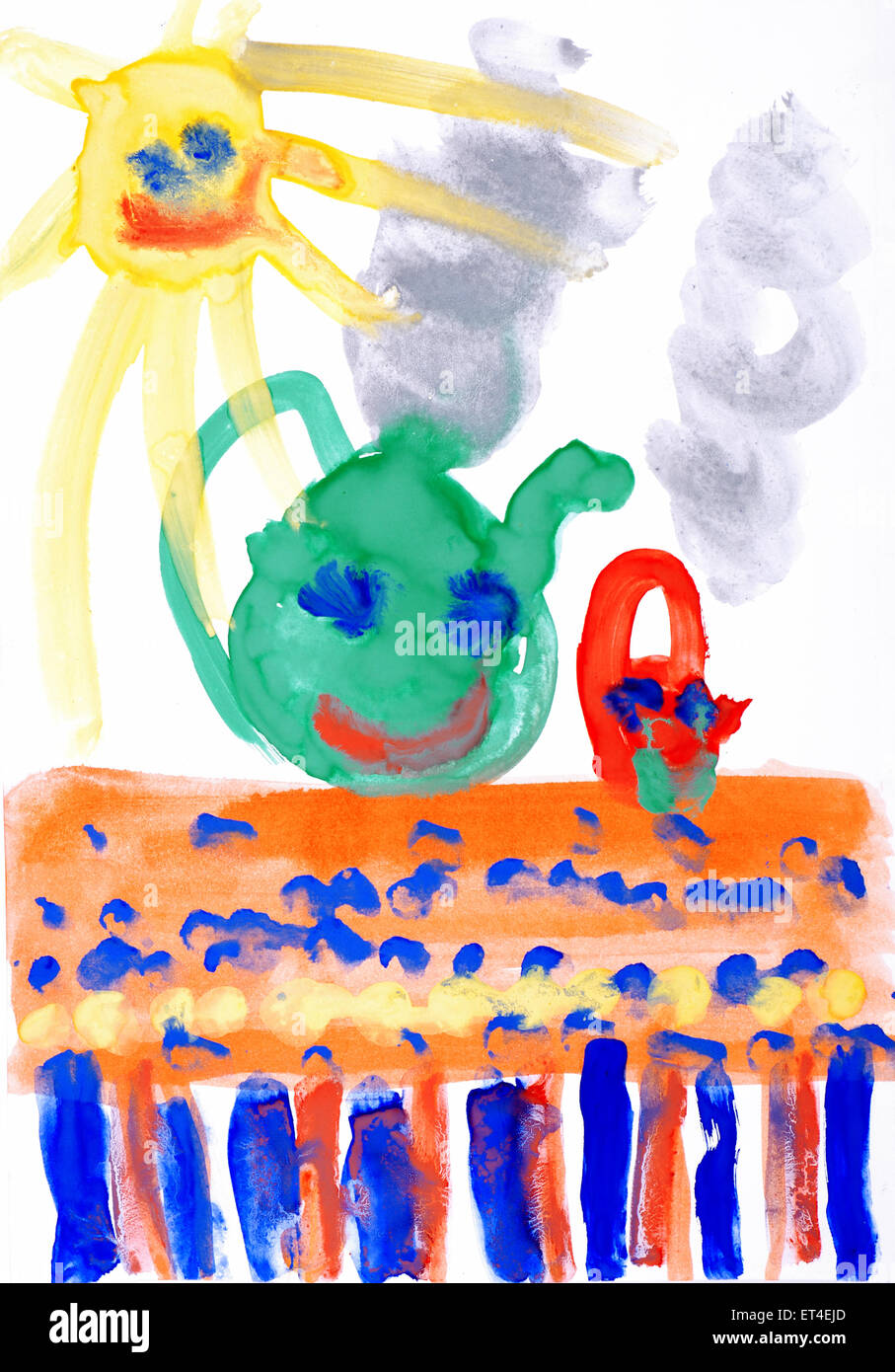 Kinder Zeichnung Farbe Wasserfarben auf Papier. Lächelnde Sonne, Tisch, Tee. Stockfoto