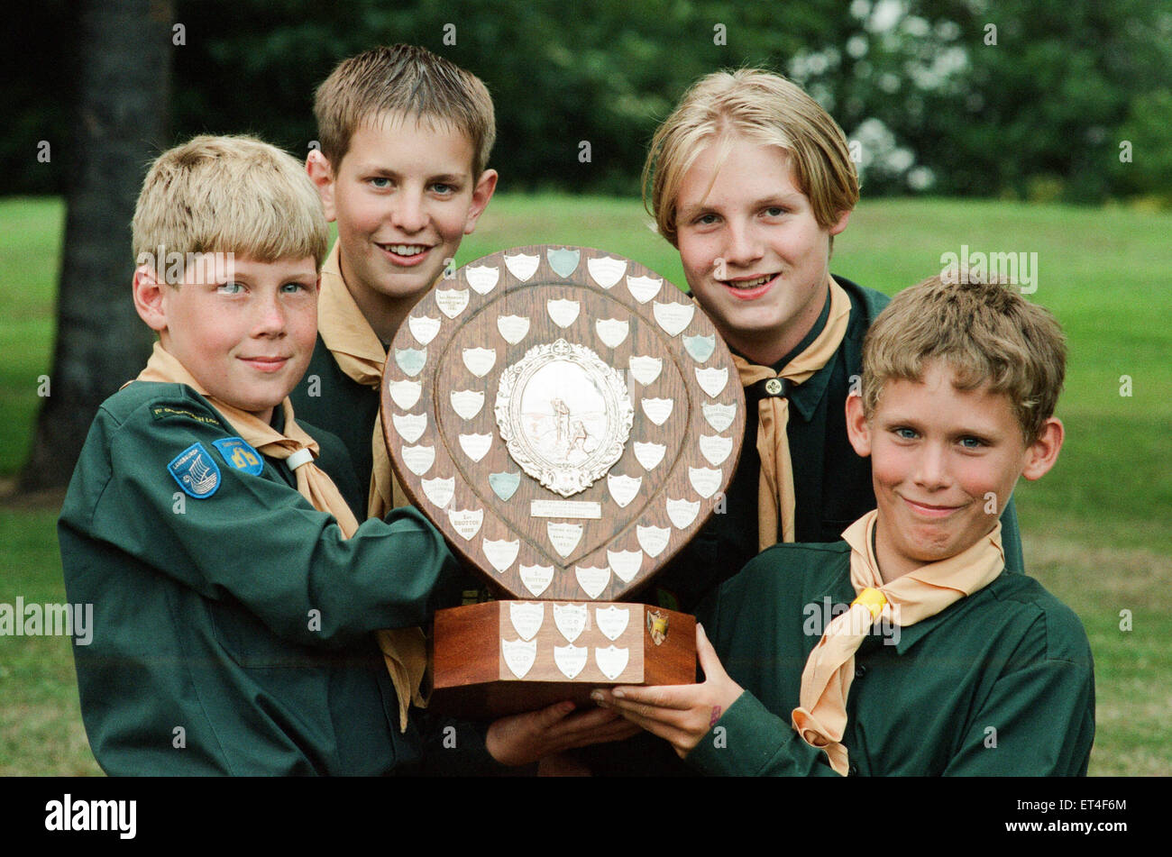 Guisbrough Scouts gewinnen die Wharton Schild (l-R) Alastair Scoffin, Andrew Mayhew, Andrew Watson und Neil Moody. 13. Juli 1995. Stockfoto