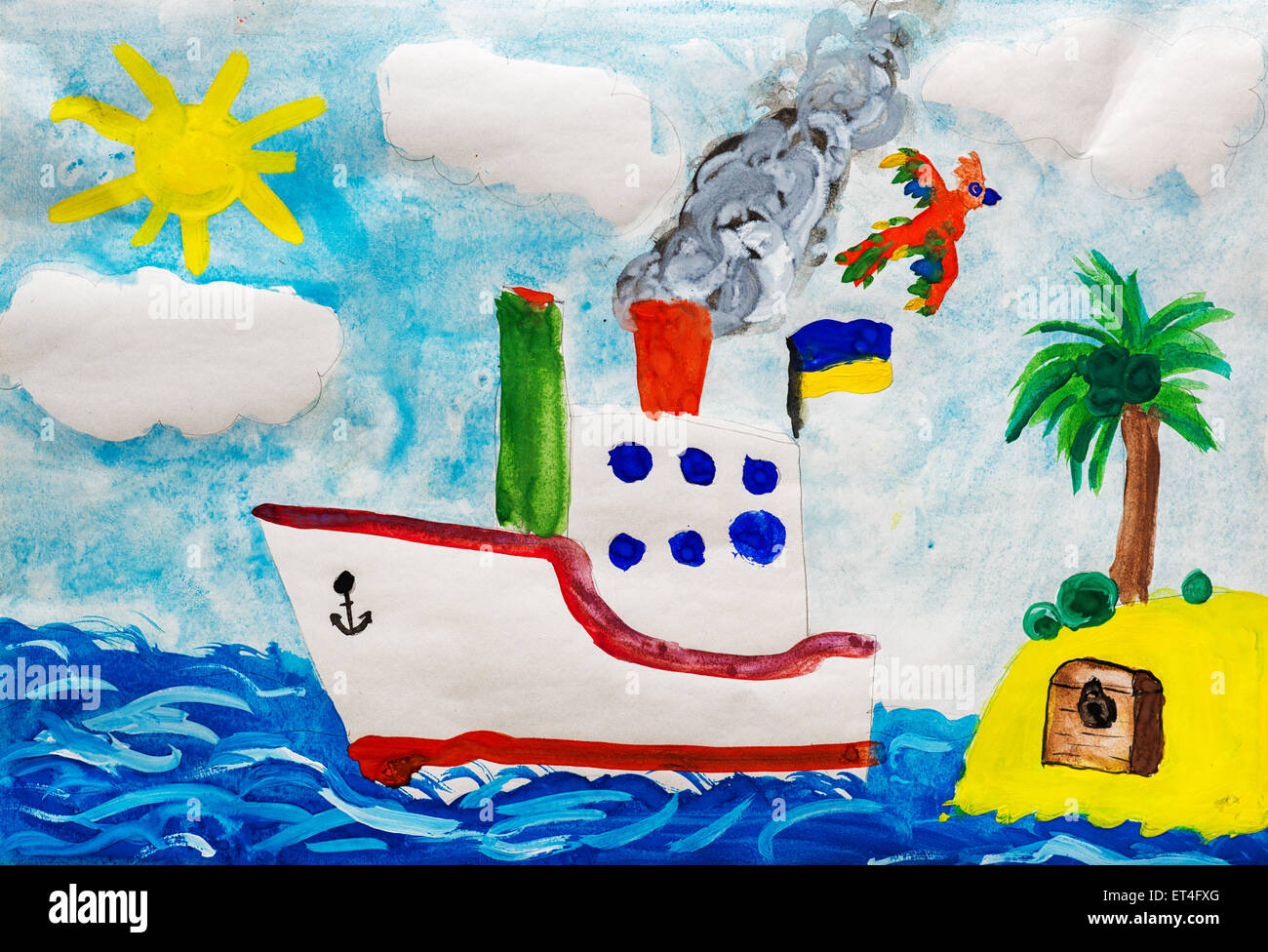 Schiff in der Nähe von Insel. Kind zeichnen. Stockfoto