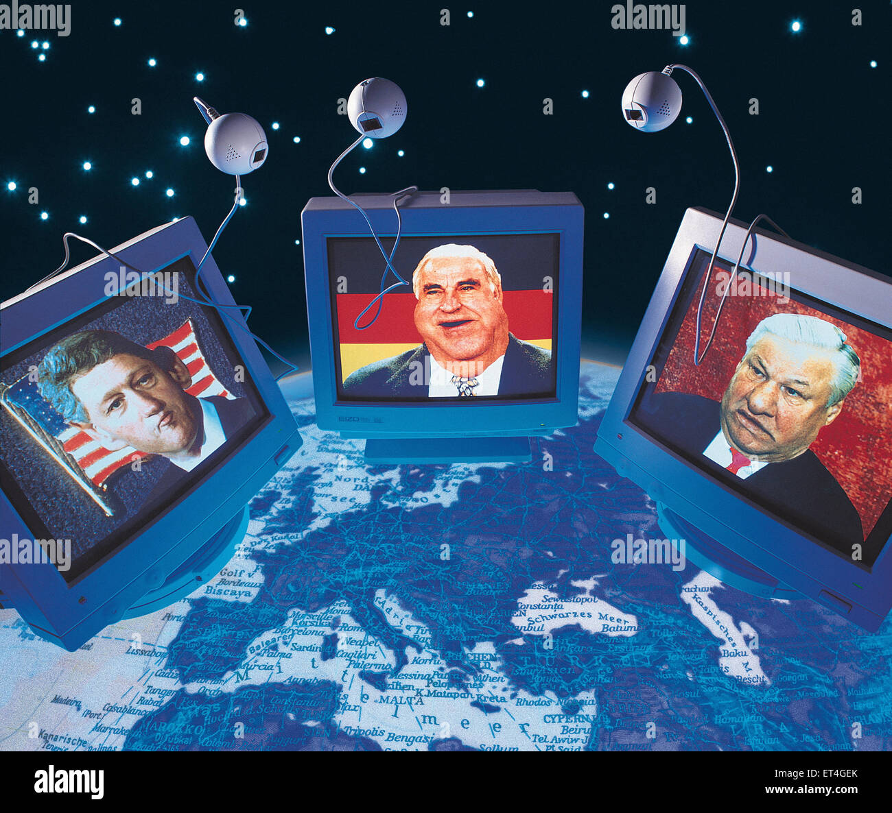 Hamburg, Deutschland, Montage einer Webkonferenz zwischen Helmut Kohl, Bill Clinton und Boris Yeltsin Stockfoto