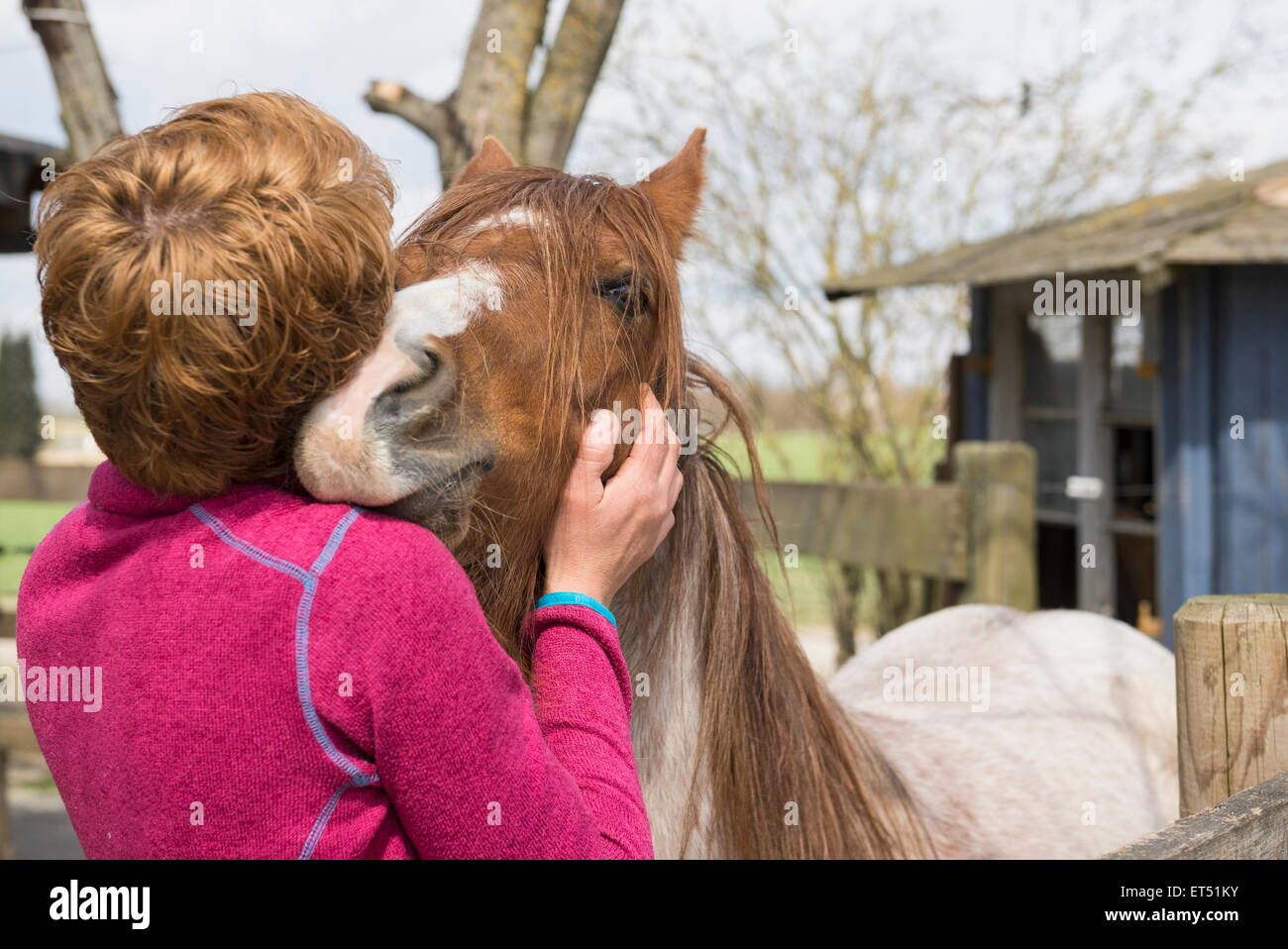 Frau umarmt Pferd in stabilen Bayern Deutschland Stockfoto