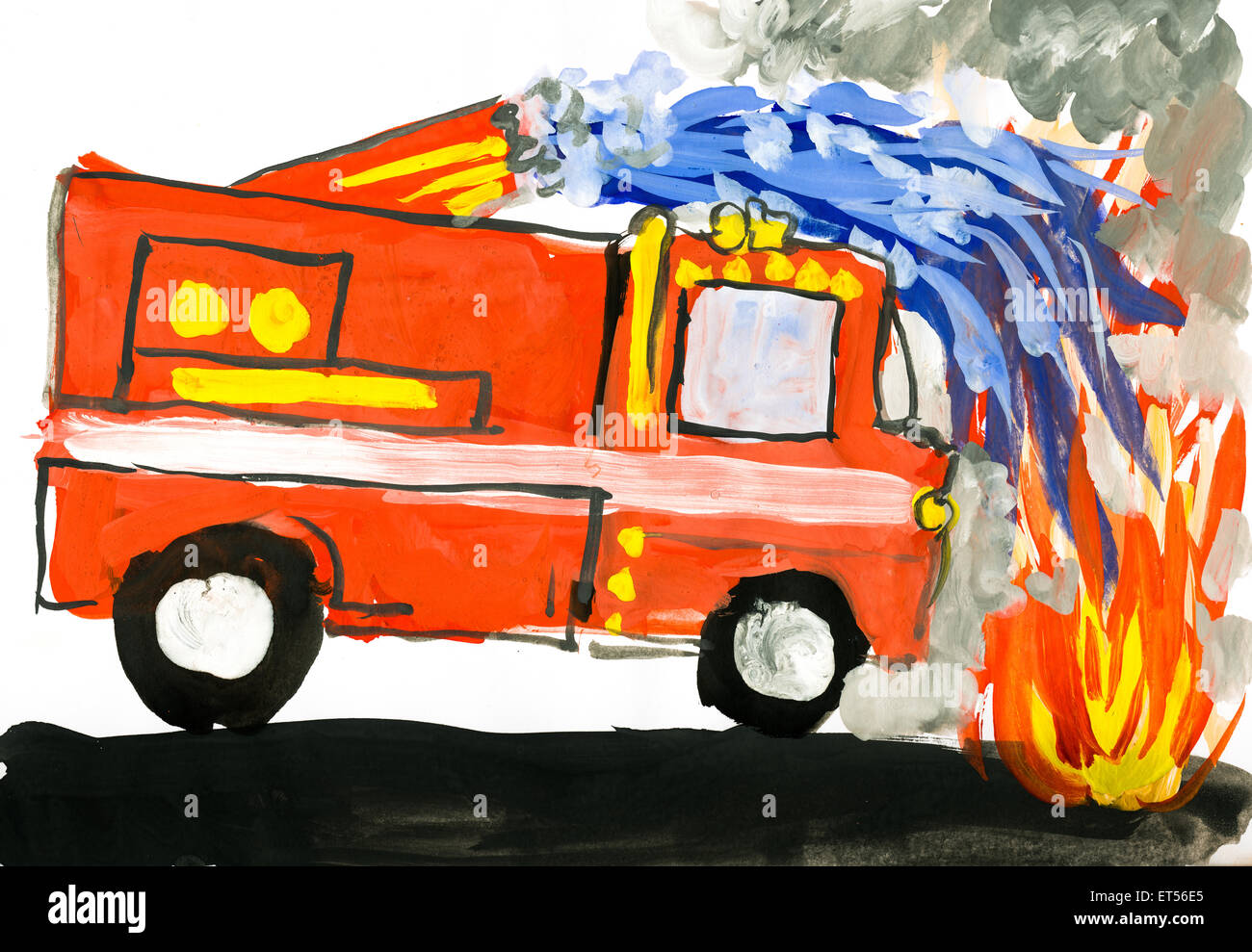 Feuerwehrauto. Kind-Zeichnung-Aquarell Stockfoto, Bild: 83708077 - Alamy