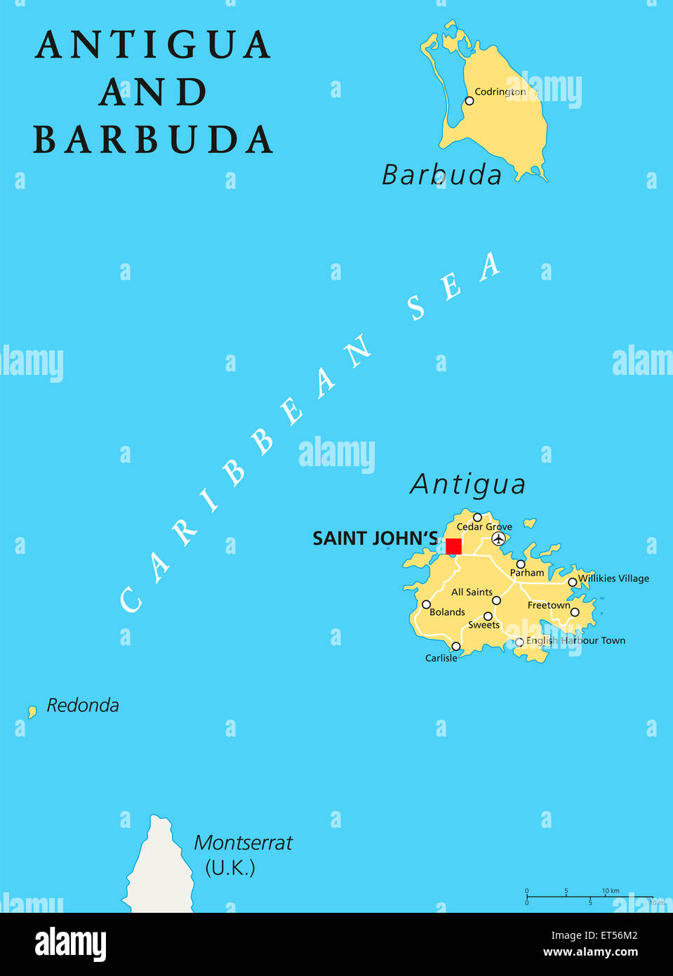 Antigua und Barbuda politische Karte mit Hauptstadt Saint Johns und wichtigen Orten. Englische Beschriftung und Skalierung. Abbildung. Stockfoto